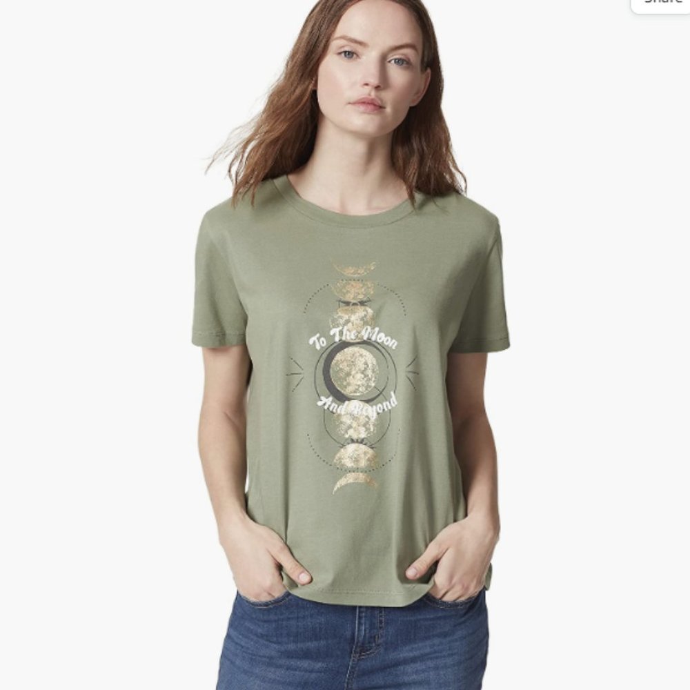 FRAYED Jeans Women's Cleo Spirited Graphic Tee Shirt, Sea Spray-to The Moon, S